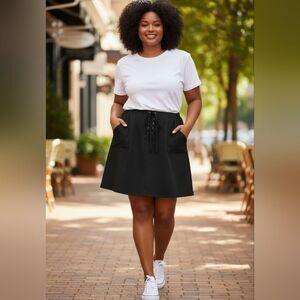 Cato Faux Suede Black Midi Skirt with Lace-Up Detail 20W